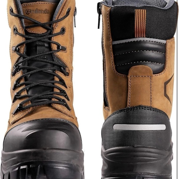 Tan High-Top Work Boots with Black Toe Cap and Rubber Sole